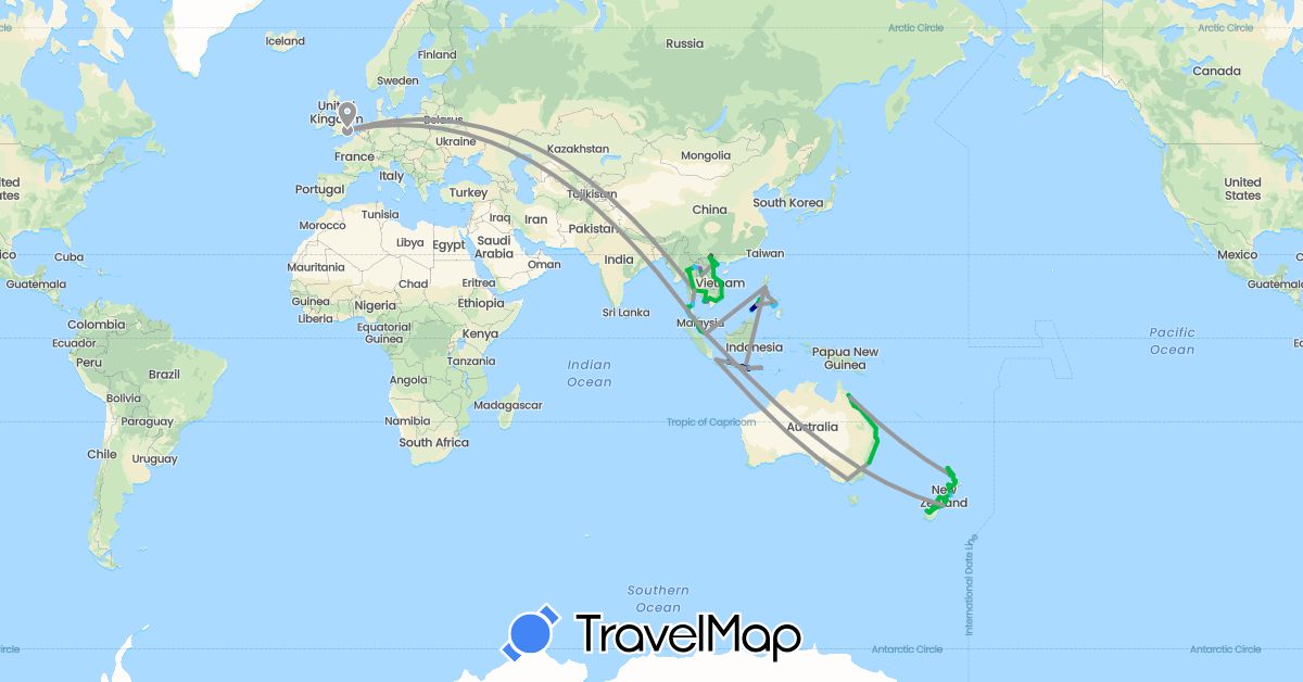 TravelMap itinerary: driving, bus, plane, train, boat, motorbike in Australia, United Kingdom, Indonesia, Cambodia, Laos, Malaysia, New Zealand, Philippines, Singapore, Thailand, Vietnam (Asia, Europe, Oceania)