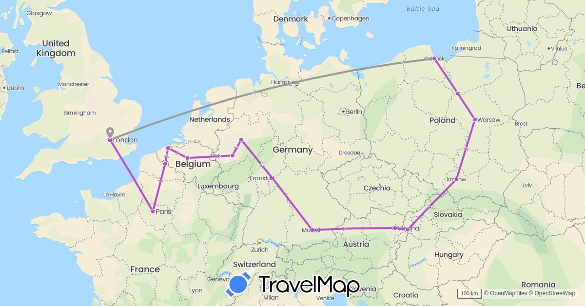TravelMap itinerary: driving, plane, train in Austria, Belgium, Germany, France, United Kingdom, Poland, Slovakia (Europe)