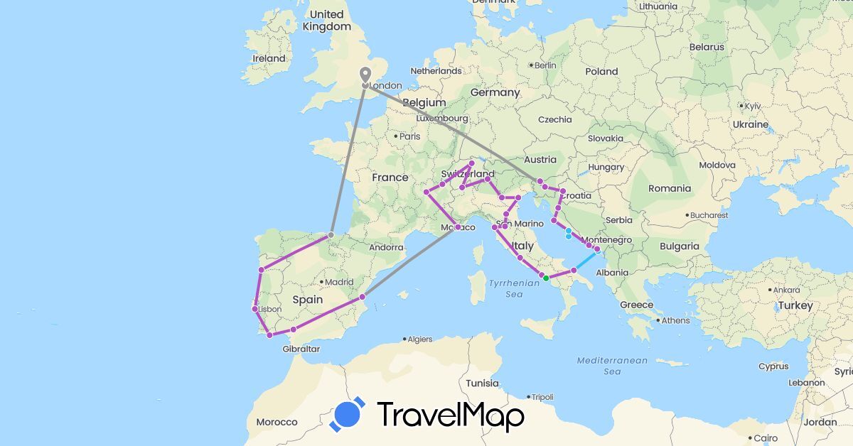 TravelMap itinerary: driving, bus, plane, train, boat in Switzerland, Spain, France, United Kingdom, Croatia, Italy, Monaco, Montenegro, Portugal, Slovenia (Europe)