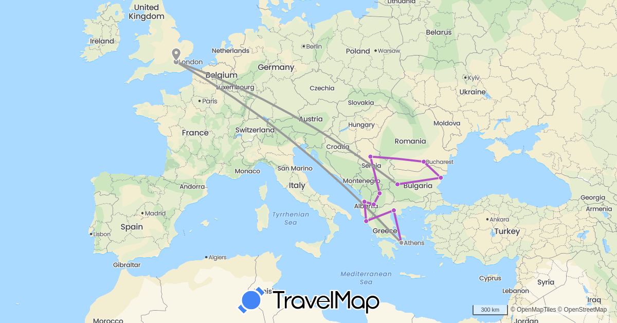TravelMap itinerary: driving, plane, train in Albania, Bulgaria, United Kingdom, Greece, Macedonia, Romania, Serbia (Europe)