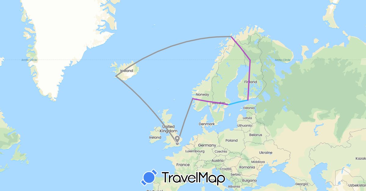 TravelMap itinerary: driving, plane, train, boat in Finland, United Kingdom, Iceland, Norway, Sweden (Europe)