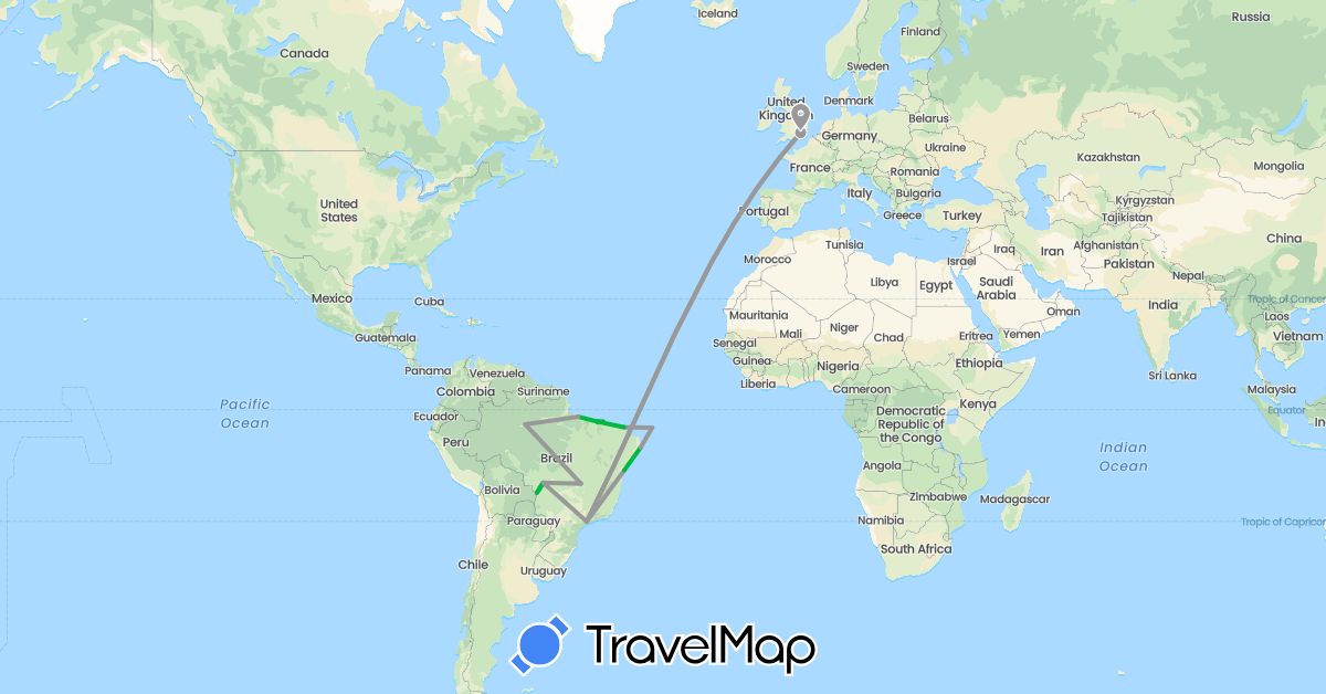 TravelMap itinerary: driving, bus, plane in Brazil, United Kingdom (Europe, South America)