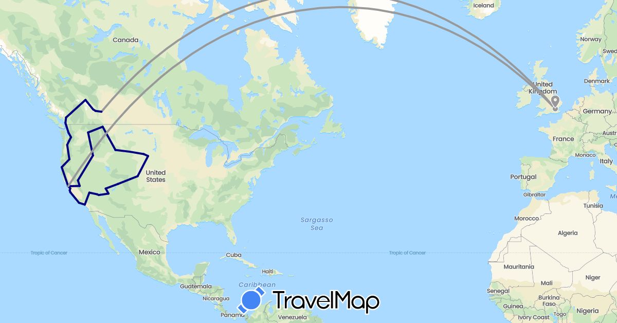 TravelMap itinerary: driving, plane in Canada, United Kingdom, United States (Europe, North America)
