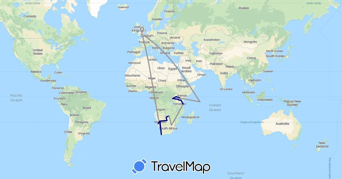 TravelMap itinerary: driving, plane, boat in Botswana, Democratic Republic of the Congo, Switzerland, United Kingdom, Kenya, Namibia, Rwanda, Seychelles, Tanzania, Uganda, South Africa, Zimbabwe (Africa, Europe)