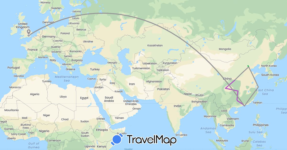 TravelMap itinerary: driving, bus, plane, train in China, United Kingdom (Asia, Europe)