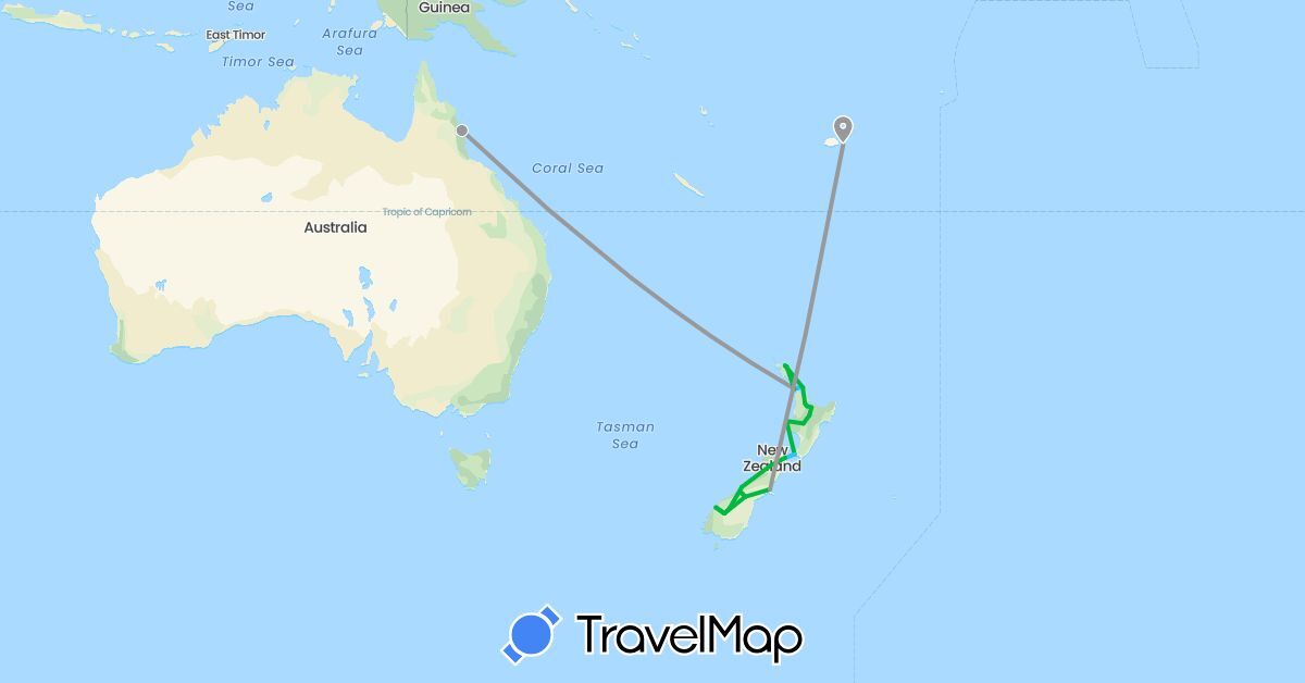 TravelMap itinerary: driving, bus, plane, boat in Australia, Fiji, New Zealand (Oceania)