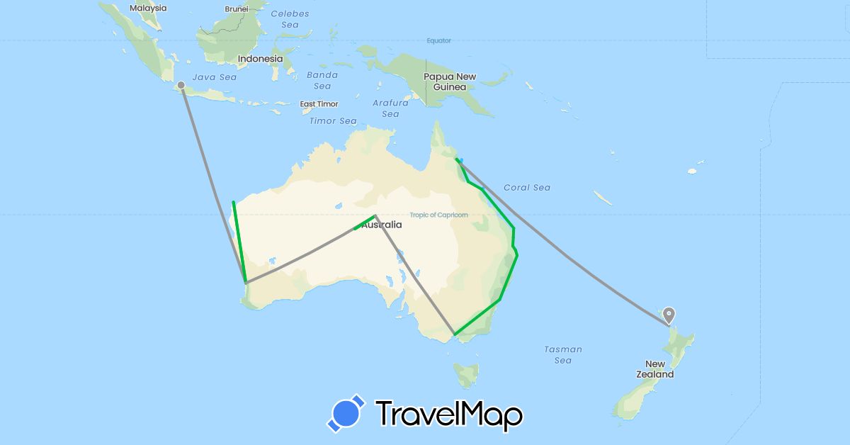 TravelMap itinerary: driving, bus, plane, boat in Australia, Indonesia, New Zealand (Asia, Oceania)