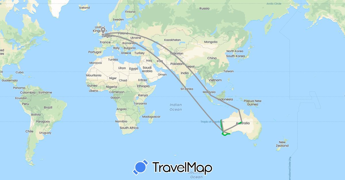 TravelMap itinerary: driving, bus, plane, boat in Australia, United Kingdom, Singapore (Asia, Europe, Oceania)