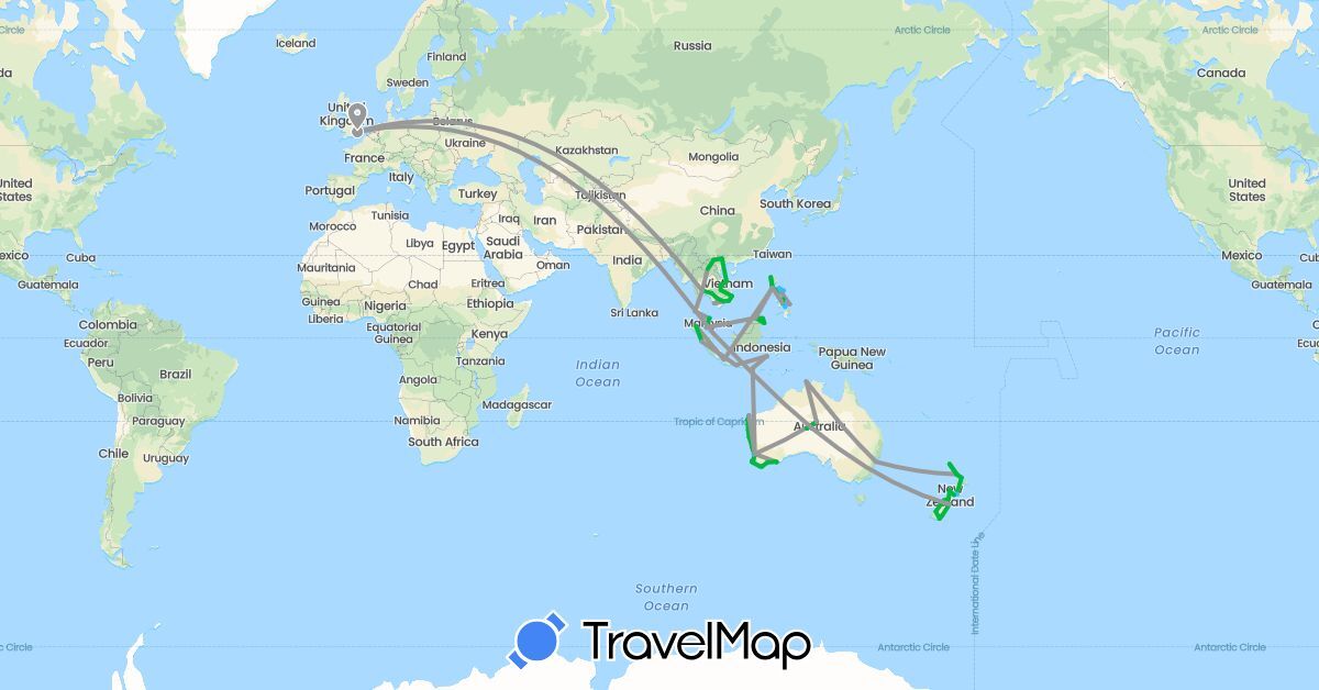 TravelMap itinerary: driving, bus, plane, boat in Australia, United Kingdom, Indonesia, Cambodia, Laos, Malaysia, New Zealand, Philippines, Singapore, Thailand, Vietnam (Asia, Europe, Oceania)