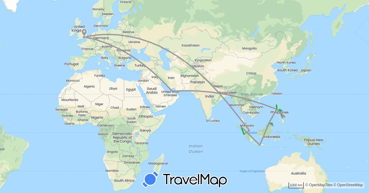 TravelMap itinerary: driving, bus, plane, boat in United Arab Emirates, United Kingdom, Indonesia, Malaysia, Philippines, Singapore (Asia, Europe)